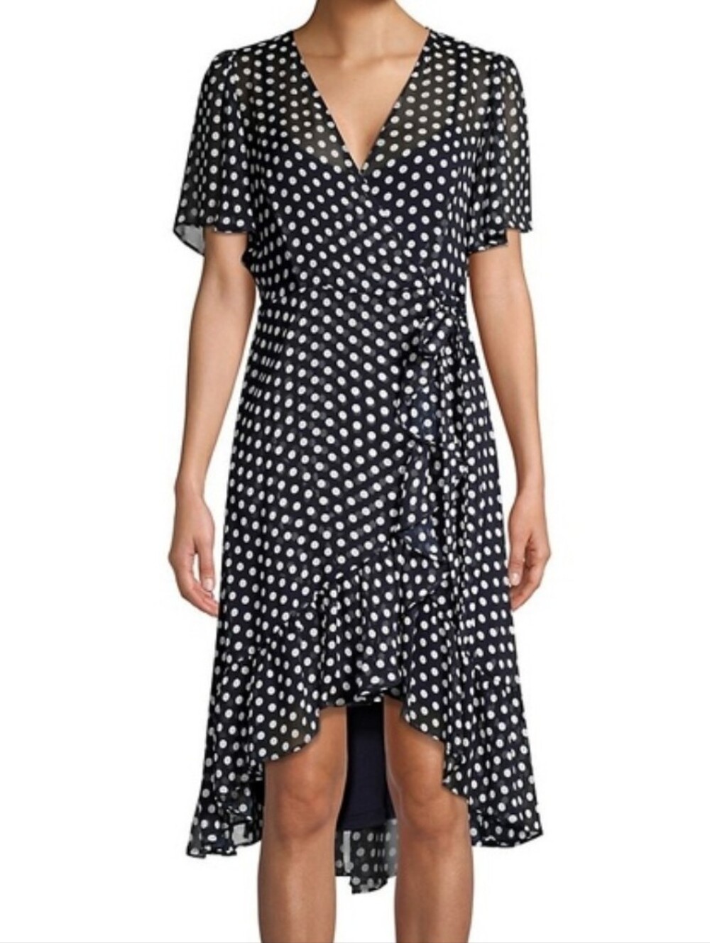 Calvin Klein Navy Blue White Polka Dots Faux Wrap Ruffle Dress